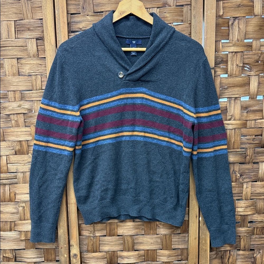 GAP Men's Charcoal Sweater with Multicolor Stripes